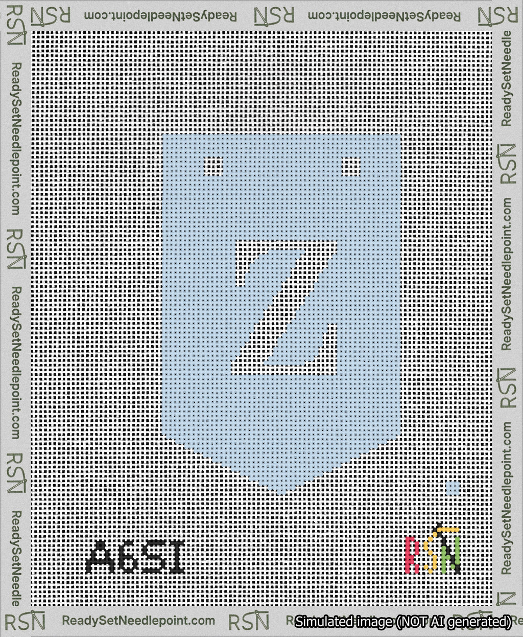 A taped needlepoint canvas with the design: Banner 13 mesh count Pointed Z White on Light Blue.