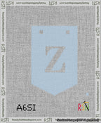 A taped needlepoint canvas with the design: Banner 13 mesh count Pointed Z White on Light Blue.