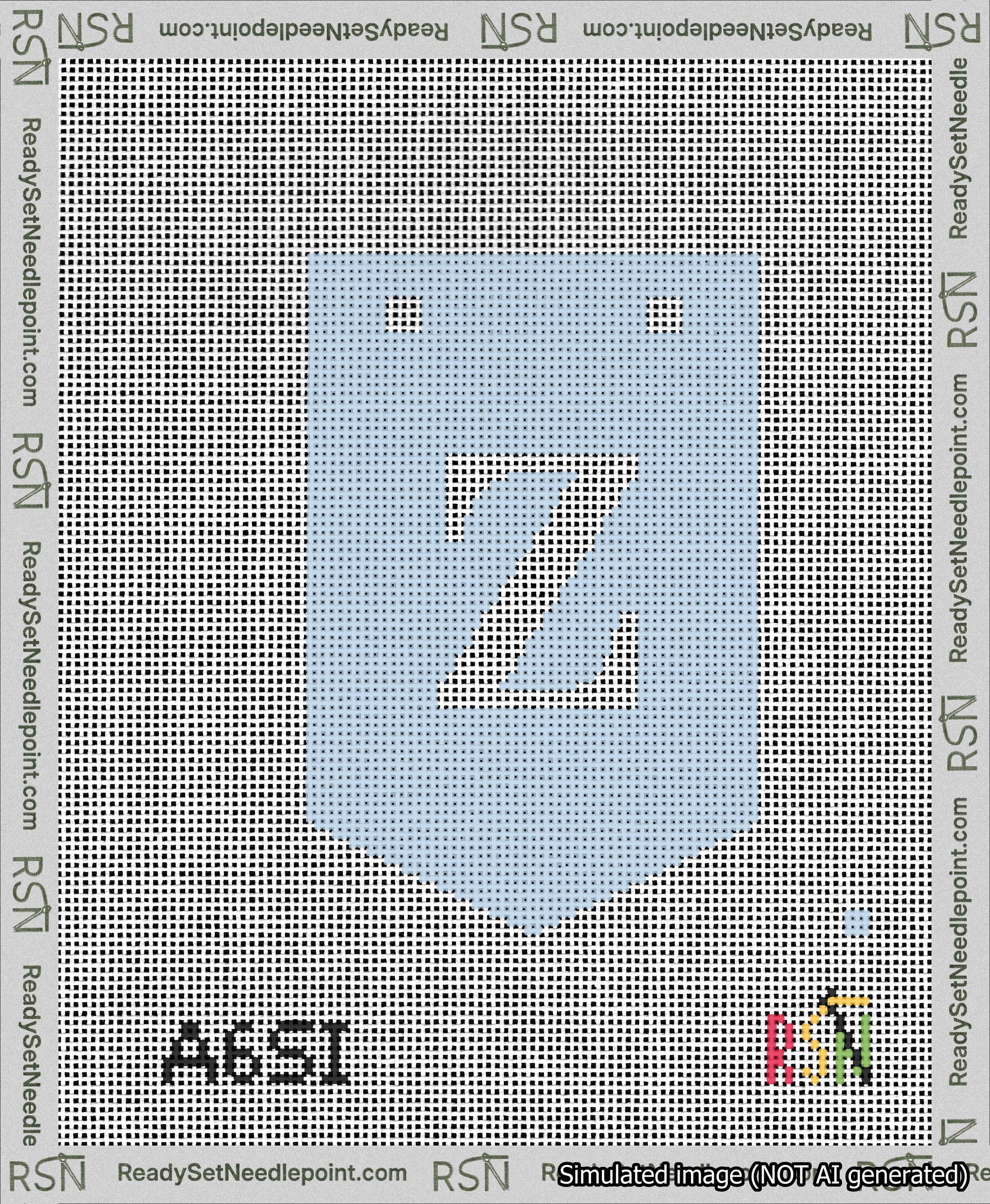 A taped needlepoint canvas with the design: Banner 13 mesh count Pointed Z White on Light Blue.