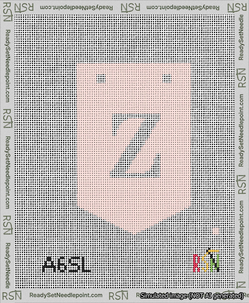 A taped needlepoint canvas with the design: Banner 13 mesh count Pointed Z White on Pink.