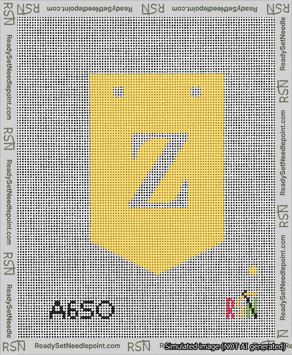 A taped needlepoint canvas with the design: Banner 13 mesh count Pointed Z White on Yellow.
