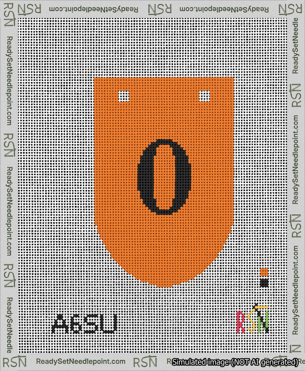 A taped needlepoint canvas with the design: Banner 13 mesh count Rounded 0 Black on Orange.