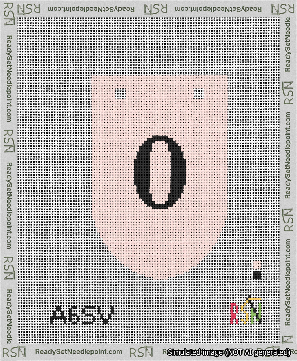A taped needlepoint canvas with the design: Banner 13 mesh count Rounded 0 Black on Pink.