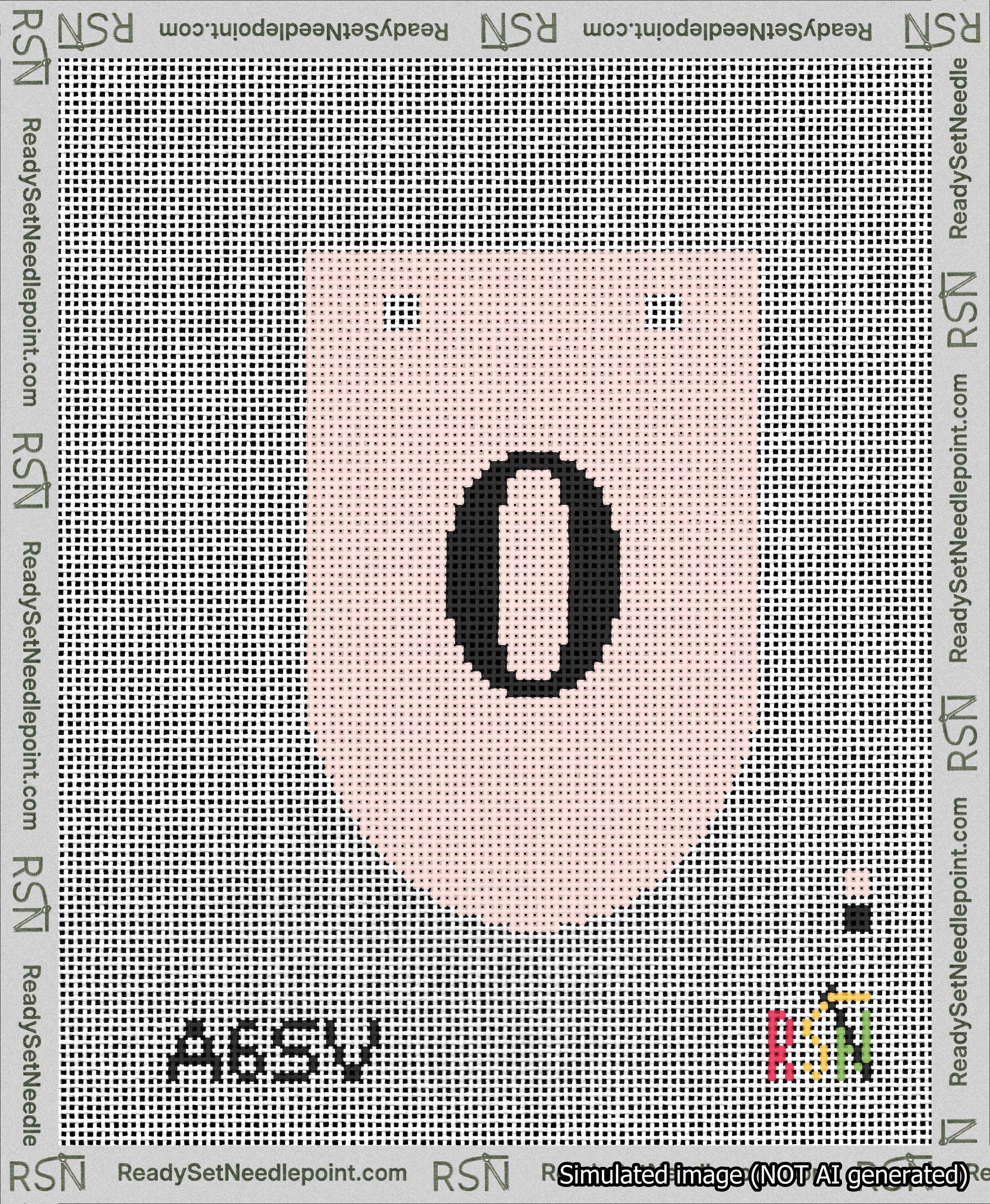 A taped needlepoint canvas with the design: Banner 13 mesh count Rounded 0 Black on Pink.
