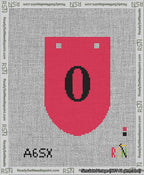 A taped needlepoint canvas with the design: Banner 13 mesh count Rounded 0 Black on Red.