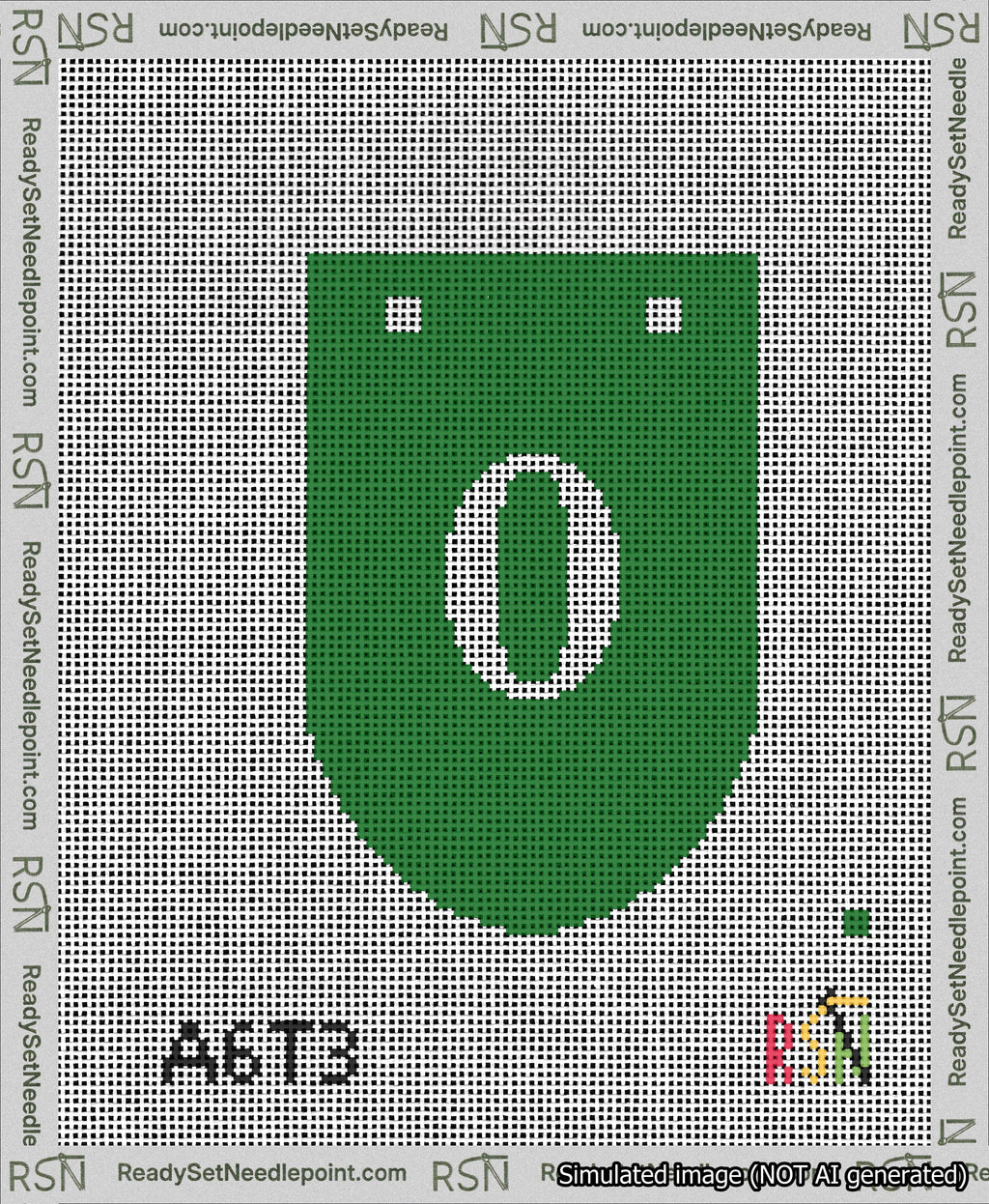 A taped needlepoint canvas with the design: Banner 13 mesh count Rounded 0 White on Green.