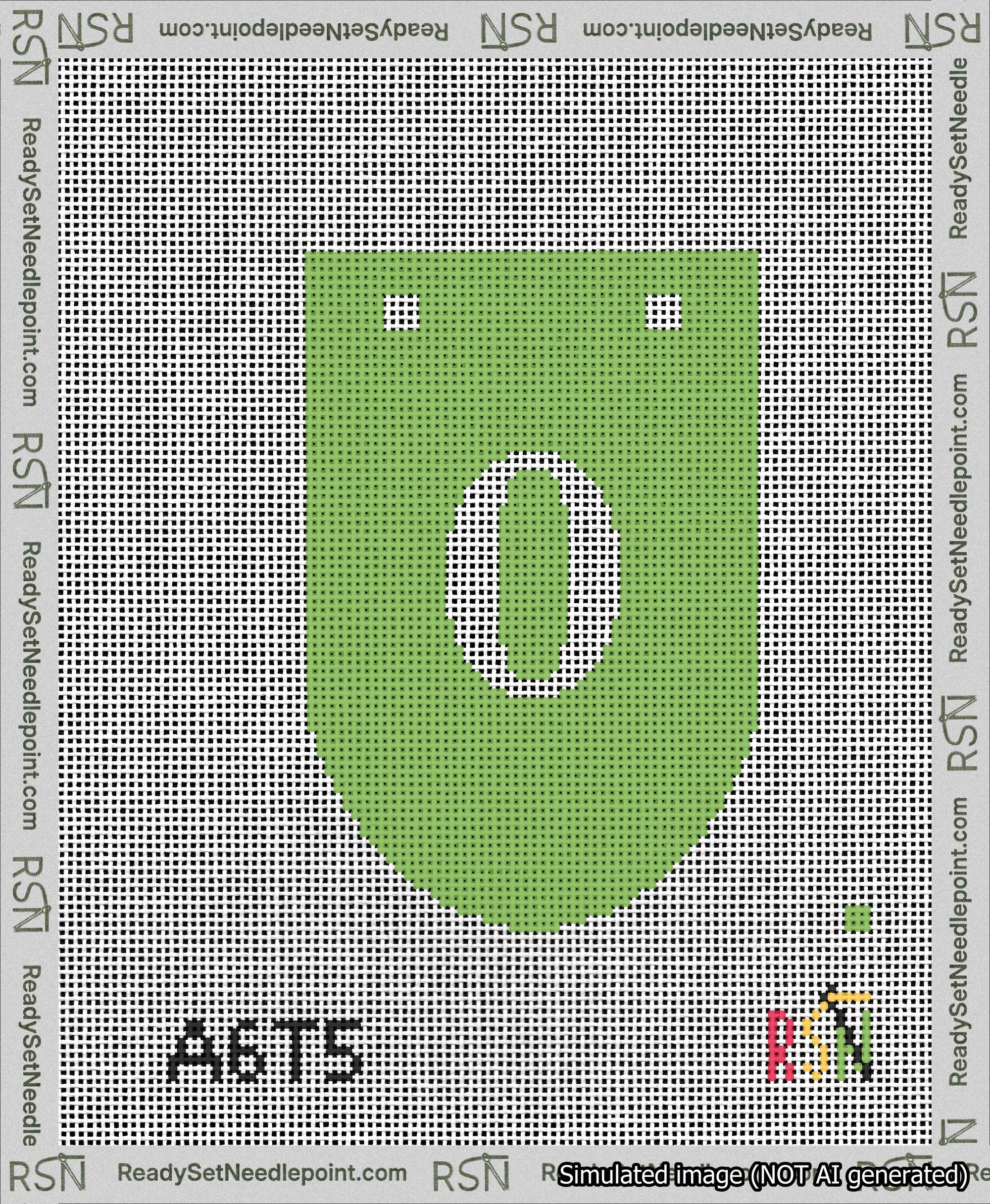 A taped needlepoint canvas with the design: Banner 13 mesh count Rounded 0 White on Light Green.