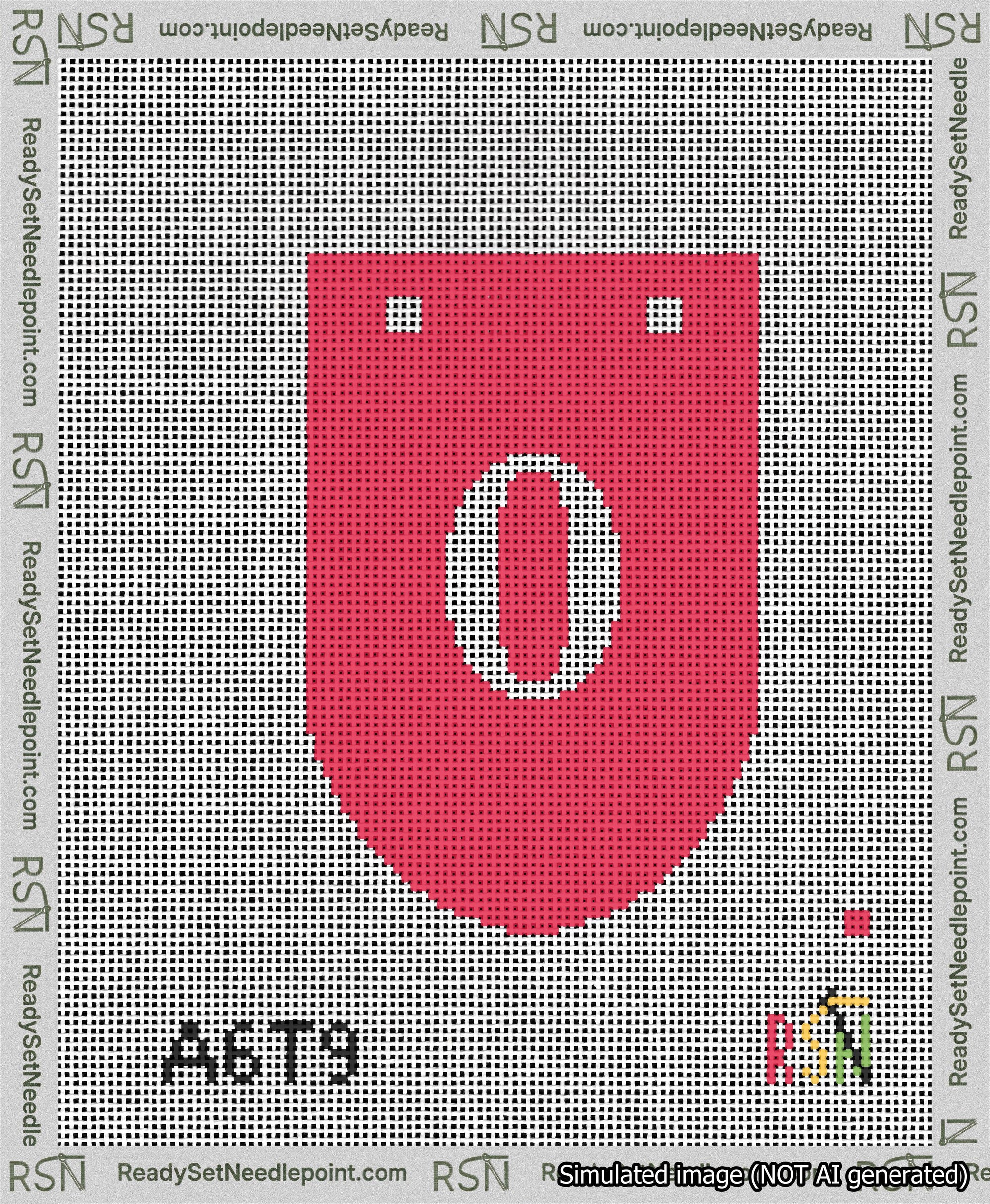 A taped needlepoint canvas with the design: Banner 13 mesh count Rounded 0 White on Red.