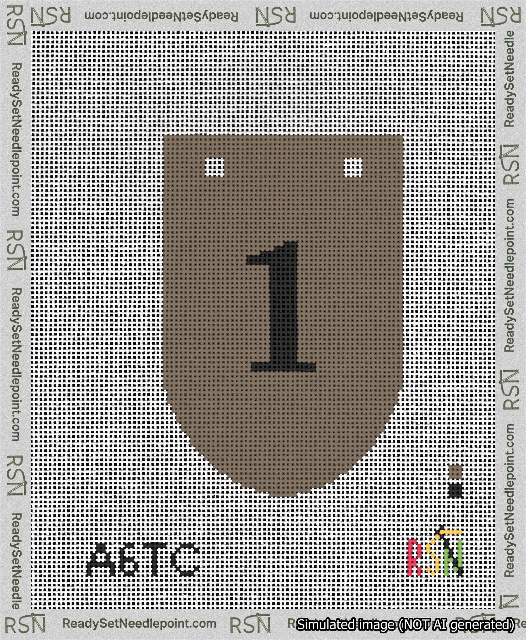 A taped needlepoint canvas with the design: Banner 13 mesh count Rounded 1 Black on Brown.