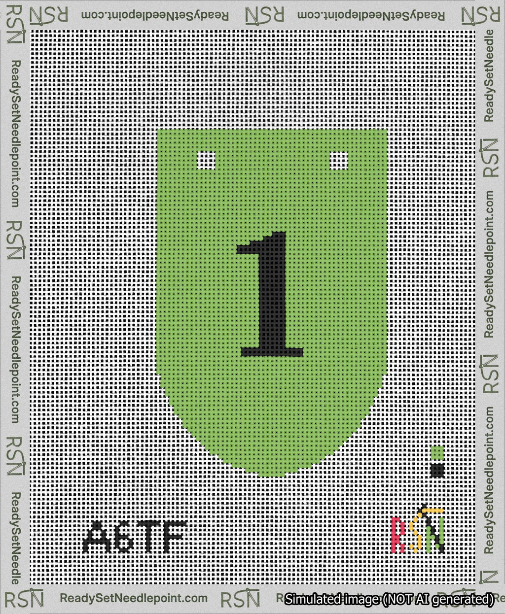 A taped needlepoint canvas with the design: Banner 13 mesh count Rounded 1 Black on Light Green.