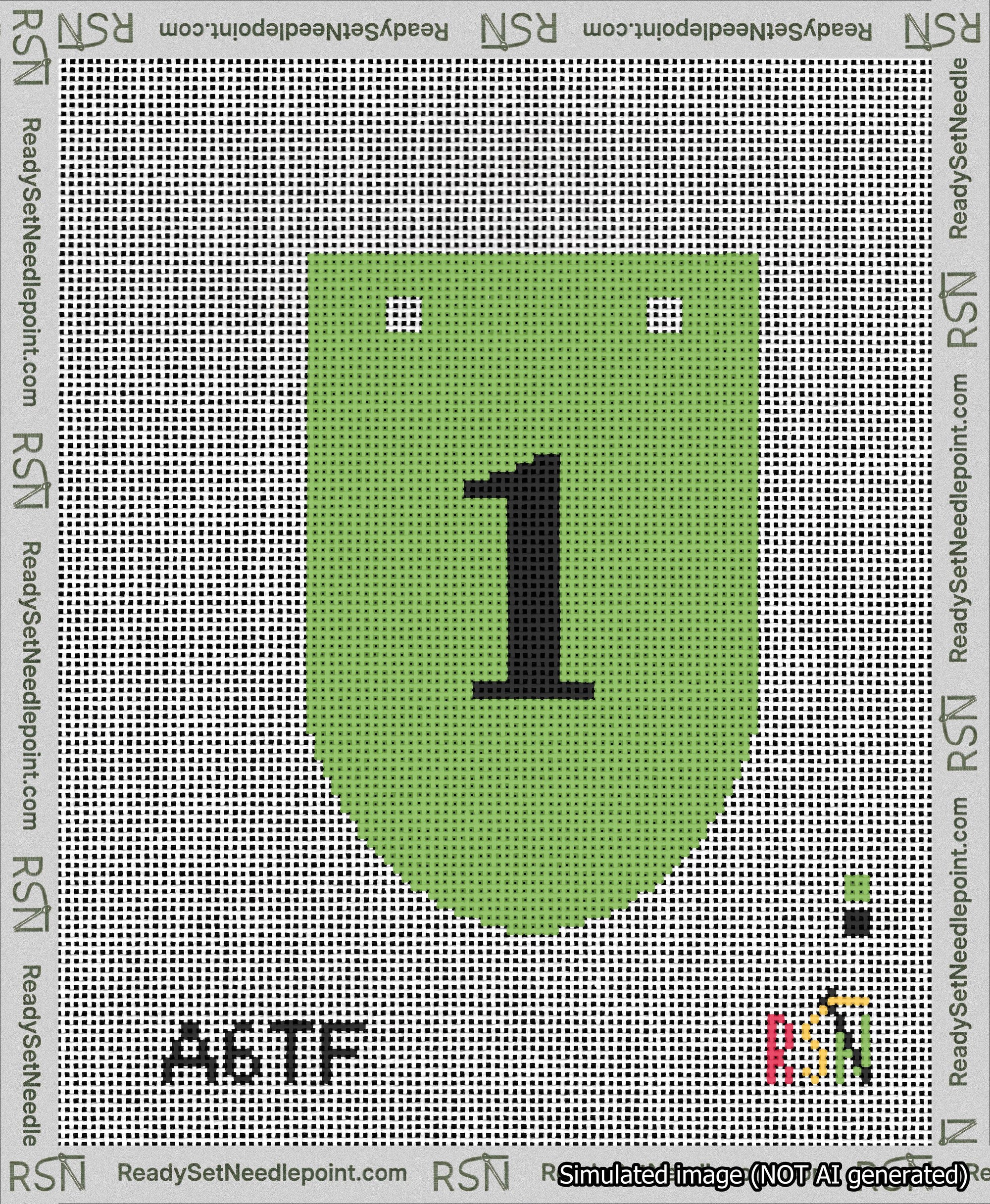 A taped needlepoint canvas with the design: Banner 13 mesh count Rounded 1 Black on Light Green.