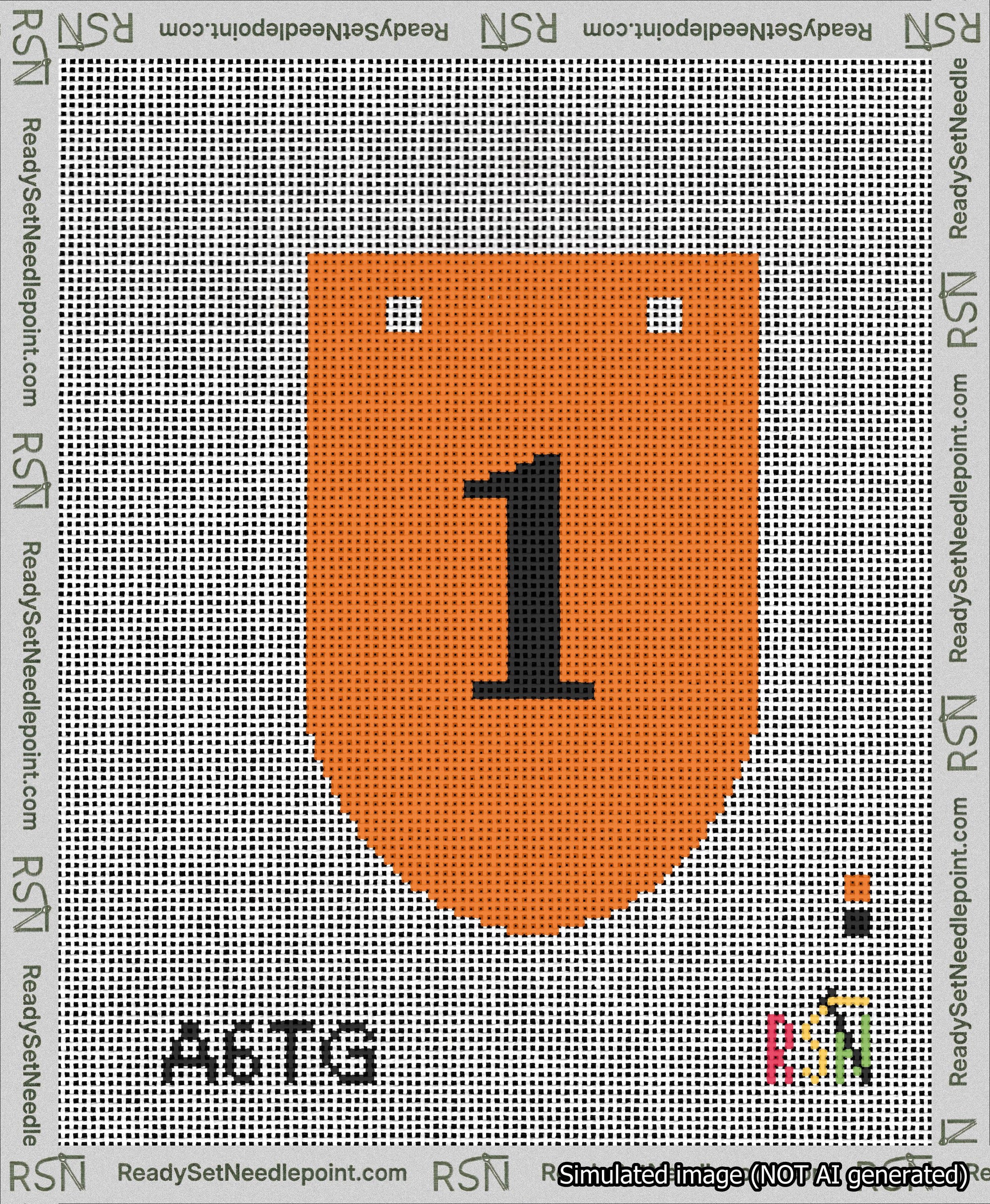 A taped needlepoint canvas with the design: Banner 13 mesh count Rounded 1 Black on Orange.
