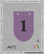 A taped needlepoint canvas with the design: Banner 13 mesh count Rounded 1 Black on Purple.