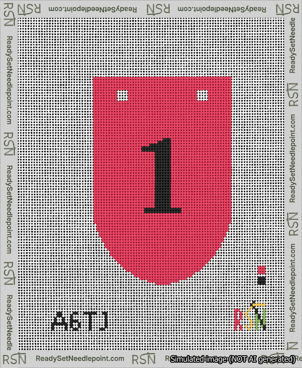 A taped needlepoint canvas with the design: Banner 13 mesh count Rounded 1 Black on Red.