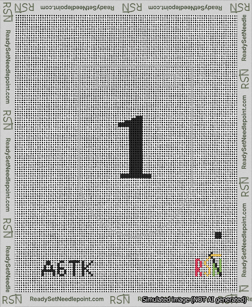 A taped needlepoint canvas with the design: Banner 13 mesh count Rounded 1 Black on White.