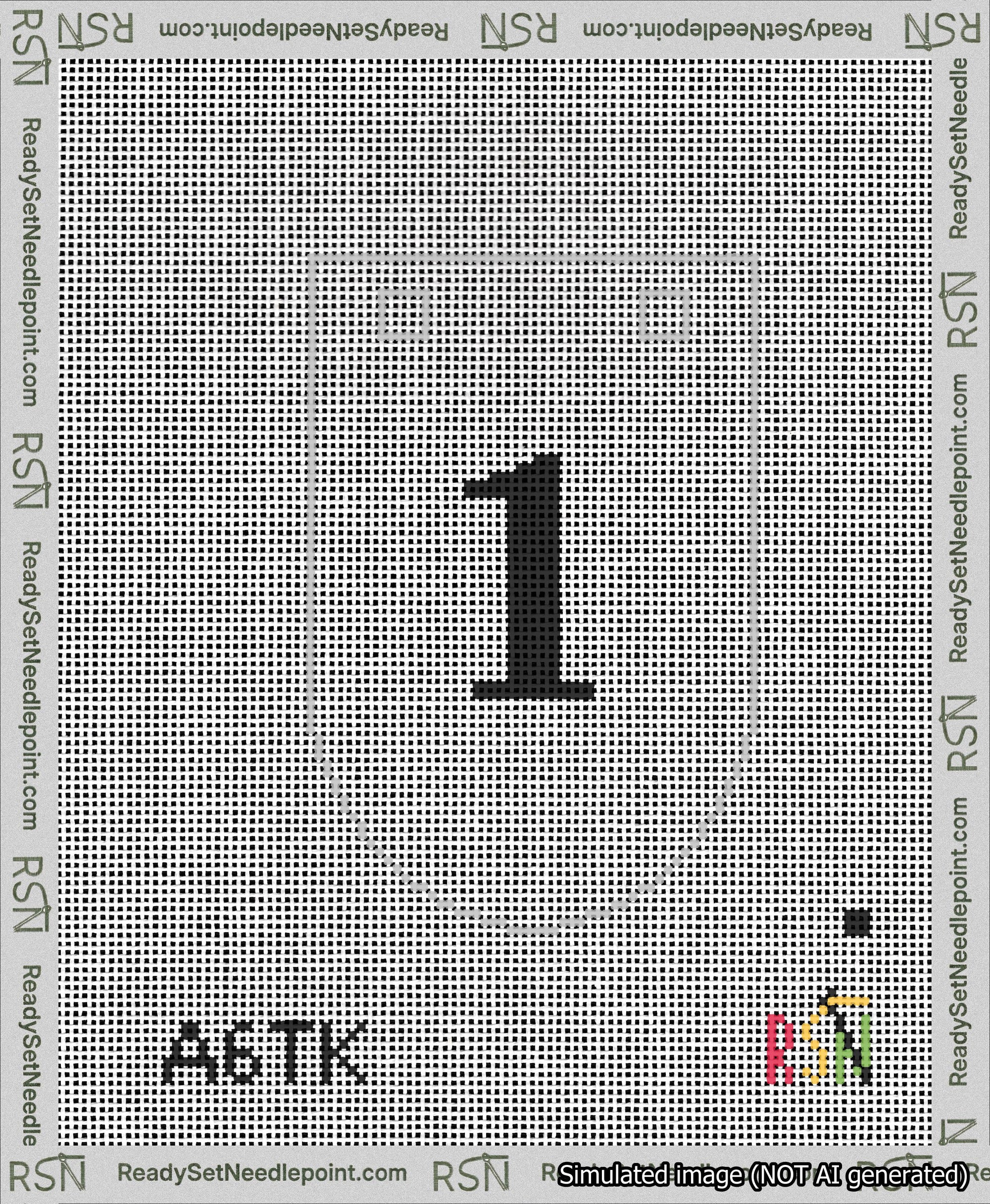 A taped needlepoint canvas with the design: Banner 13 mesh count Rounded 1 Black on White.