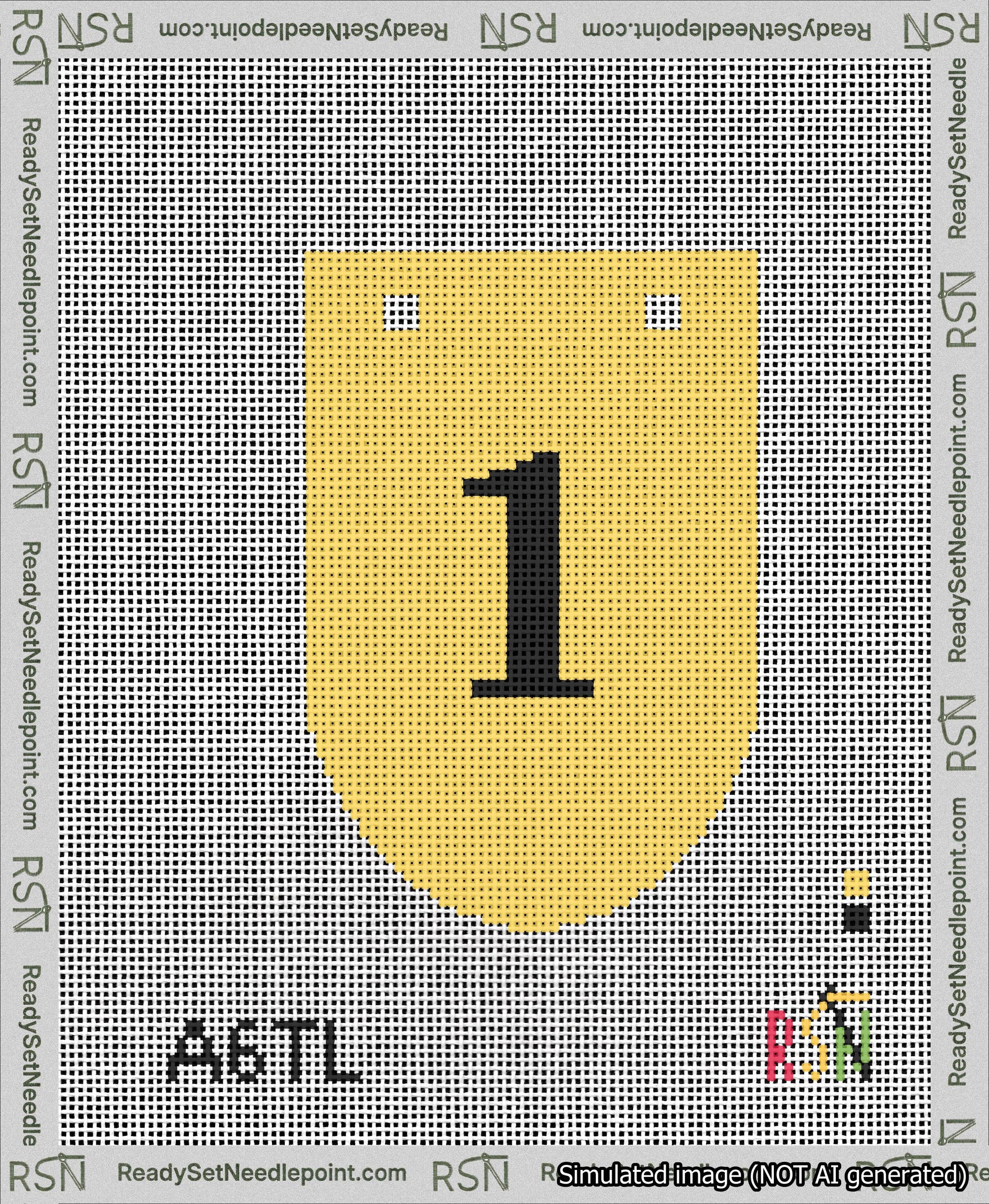A taped needlepoint canvas with the design: Banner 13 mesh count Rounded 1 Black on Yellow.