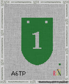 A taped needlepoint canvas with the design: Banner 13 mesh count Rounded 1 White on Green.