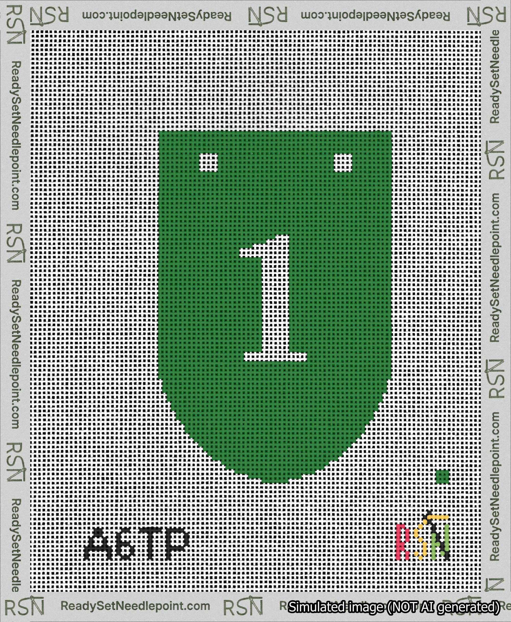 A taped needlepoint canvas with the design: Banner 13 mesh count Rounded 1 White on Green.