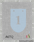 A taped needlepoint canvas with the design: Banner 13 mesh count Rounded 1 White on Light Blue.