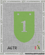 A taped needlepoint canvas with the design: Banner 13 mesh count Rounded 1 White on Light Green.