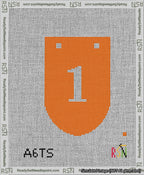 A taped needlepoint canvas with the design: Banner 13 mesh count Rounded 1 White on Orange.