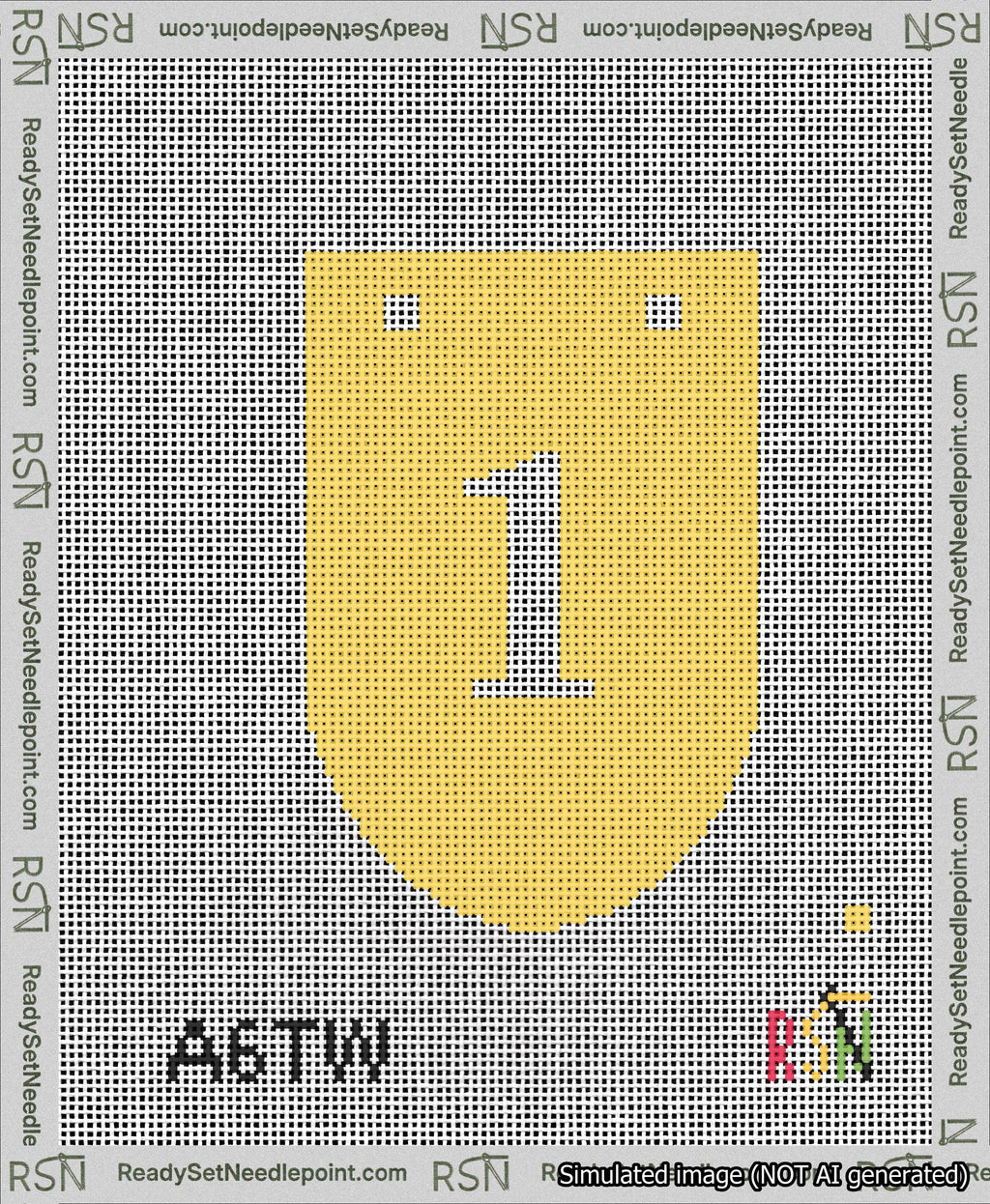 A taped needlepoint canvas with the design: Banner 13 mesh count Rounded 1 White on Yellow.