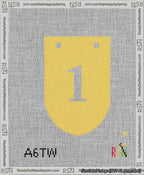 A taped needlepoint canvas with the design: Banner 13 mesh count Rounded 1 White on Yellow.