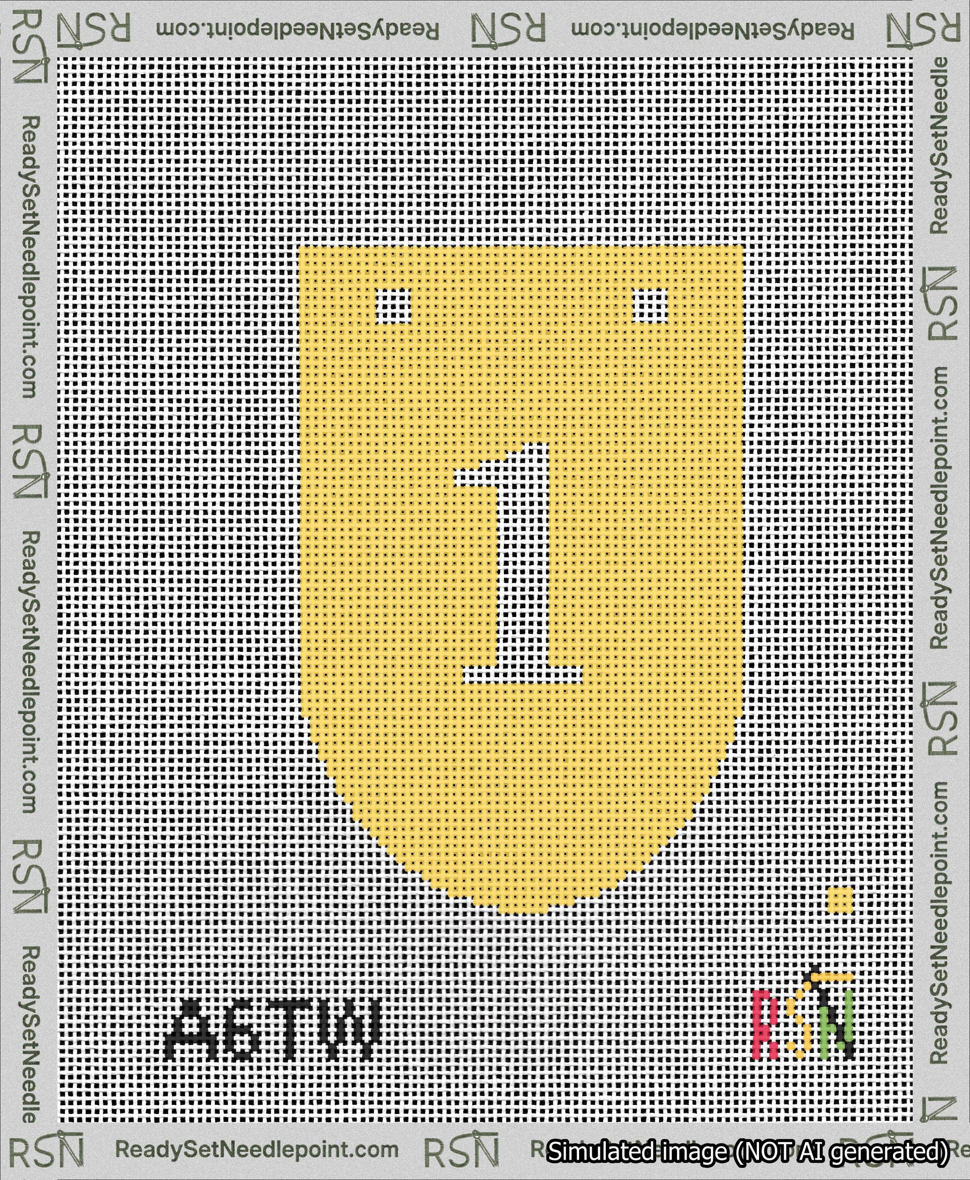 A taped needlepoint canvas with the design: Banner 13 mesh count Rounded 1 White on Yellow.
