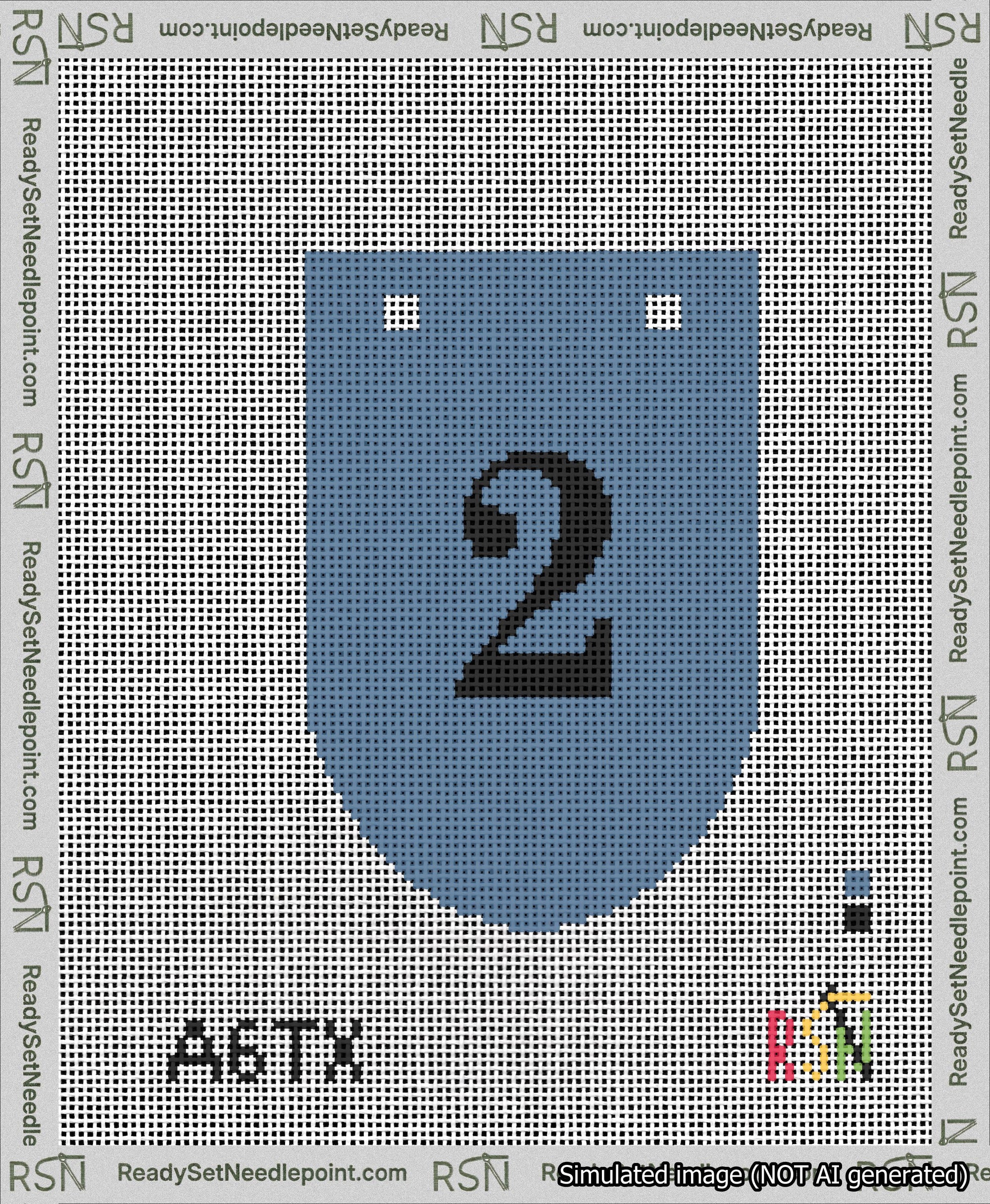 A taped needlepoint canvas with the design: Banner 13 mesh count Rounded 2 Black on Blue.