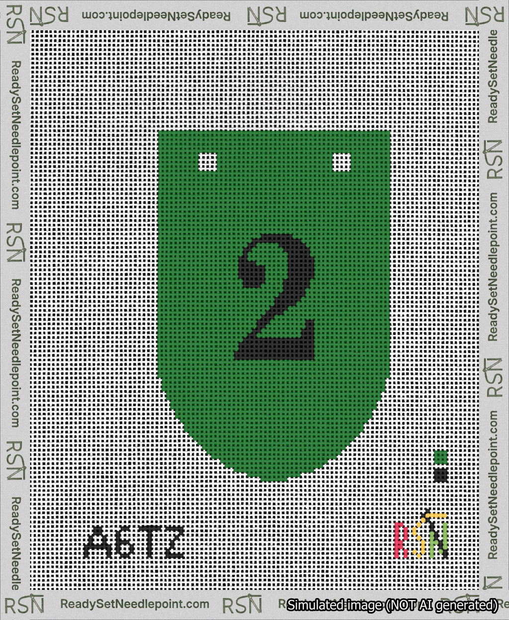 A taped needlepoint canvas with the design: Banner 13 mesh count Rounded 2 Black on Green.