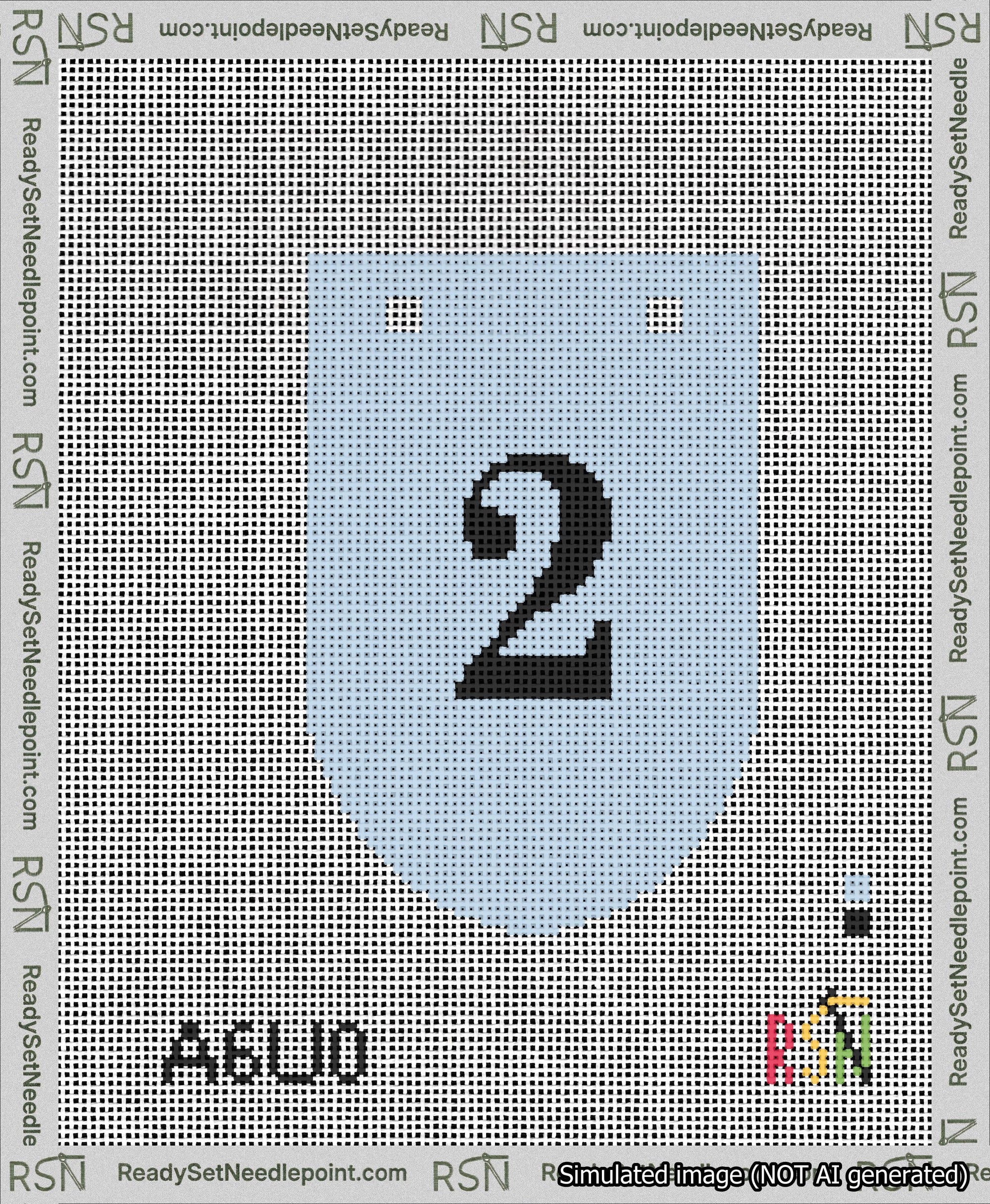 A taped needlepoint canvas with the design: Banner 13 mesh count Rounded 2 Black on Light Blue.