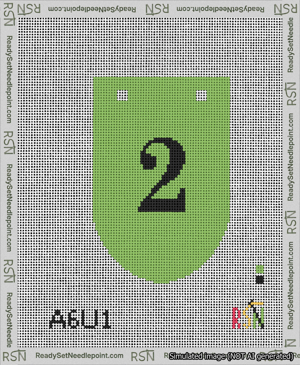 A taped needlepoint canvas with the design: Banner 13 mesh count Rounded 2 Black on Light Green.