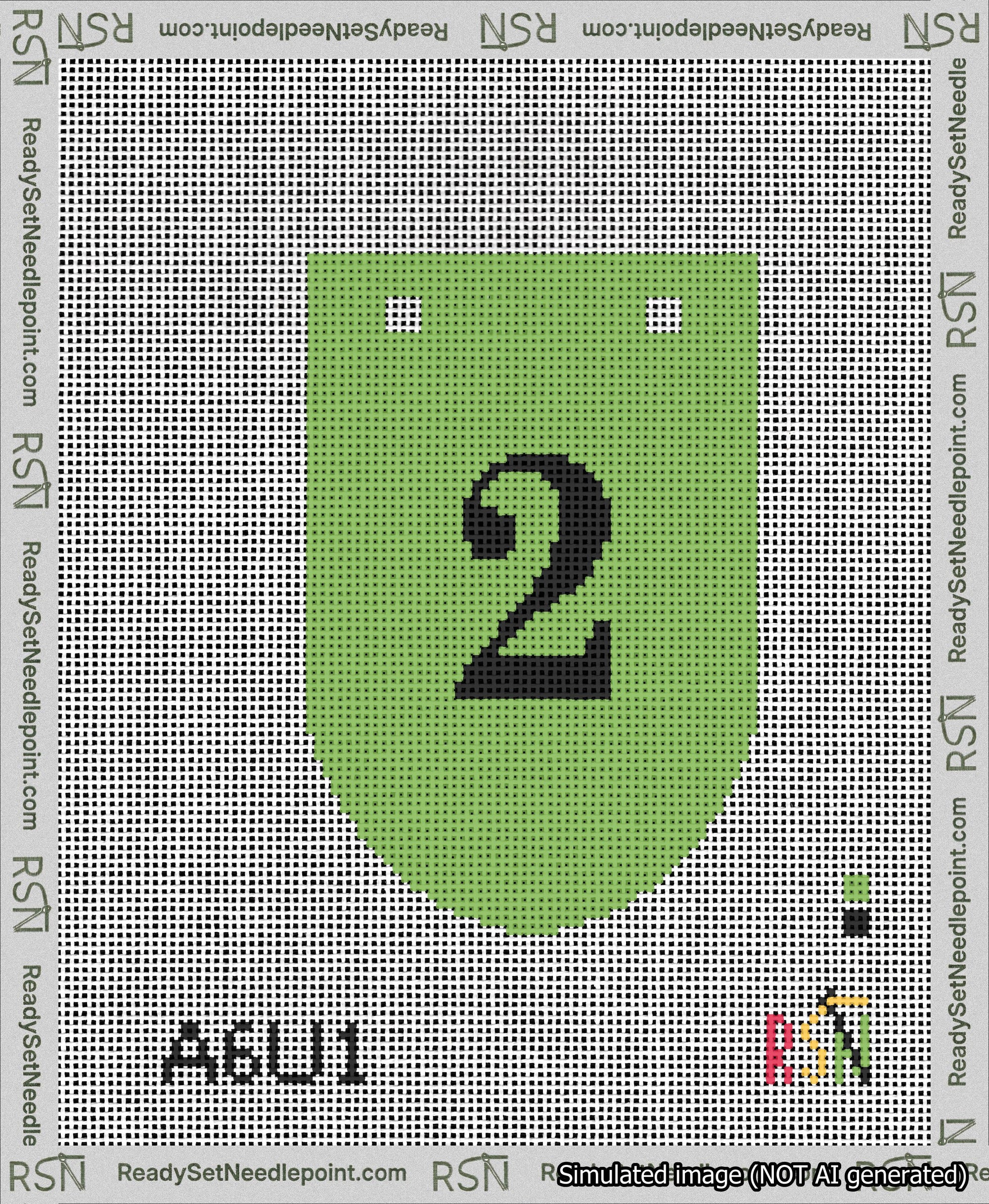 A taped needlepoint canvas with the design: Banner 13 mesh count Rounded 2 Black on Light Green.