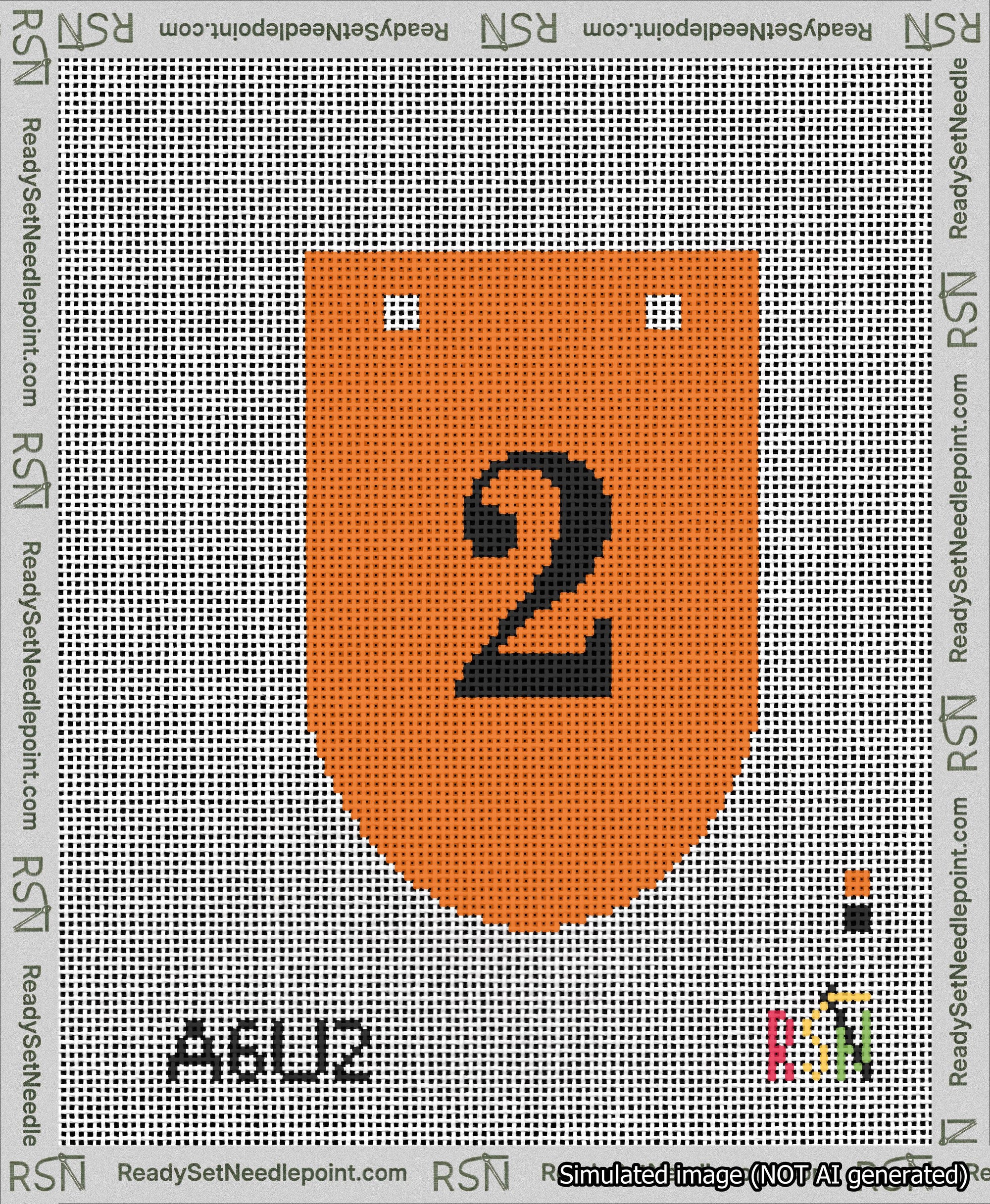 A taped needlepoint canvas with the design: Banner 13 mesh count Rounded 2 Black on Orange.