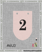 A taped needlepoint canvas with the design: Banner 13 mesh count Rounded 2 Black on Pink.