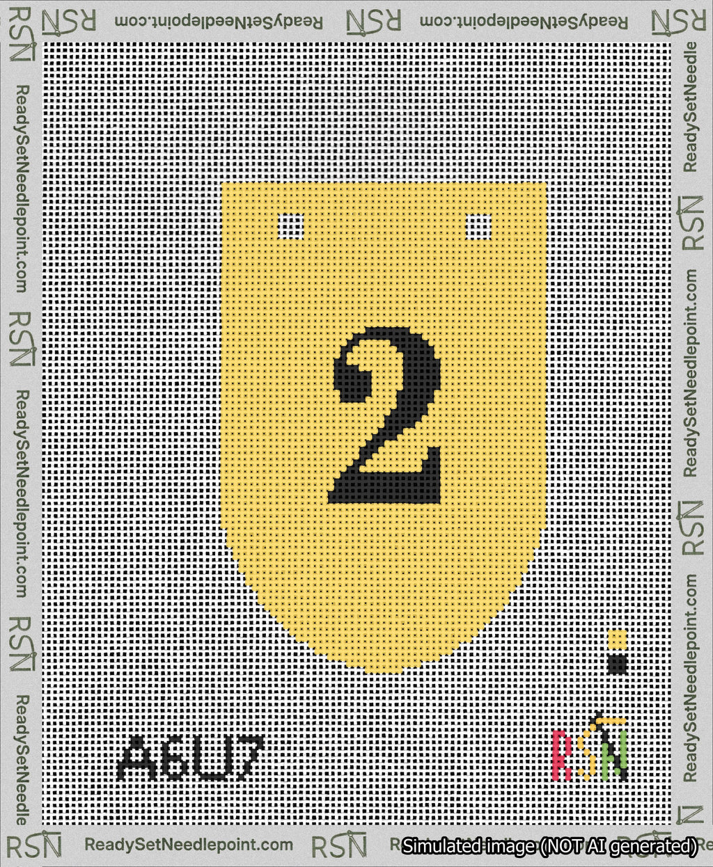A taped needlepoint canvas with the design: Banner 13 mesh count Rounded 2 Black on Yellow.