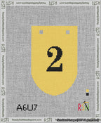 A taped needlepoint canvas with the design: Banner 13 mesh count Rounded 2 Black on Yellow.