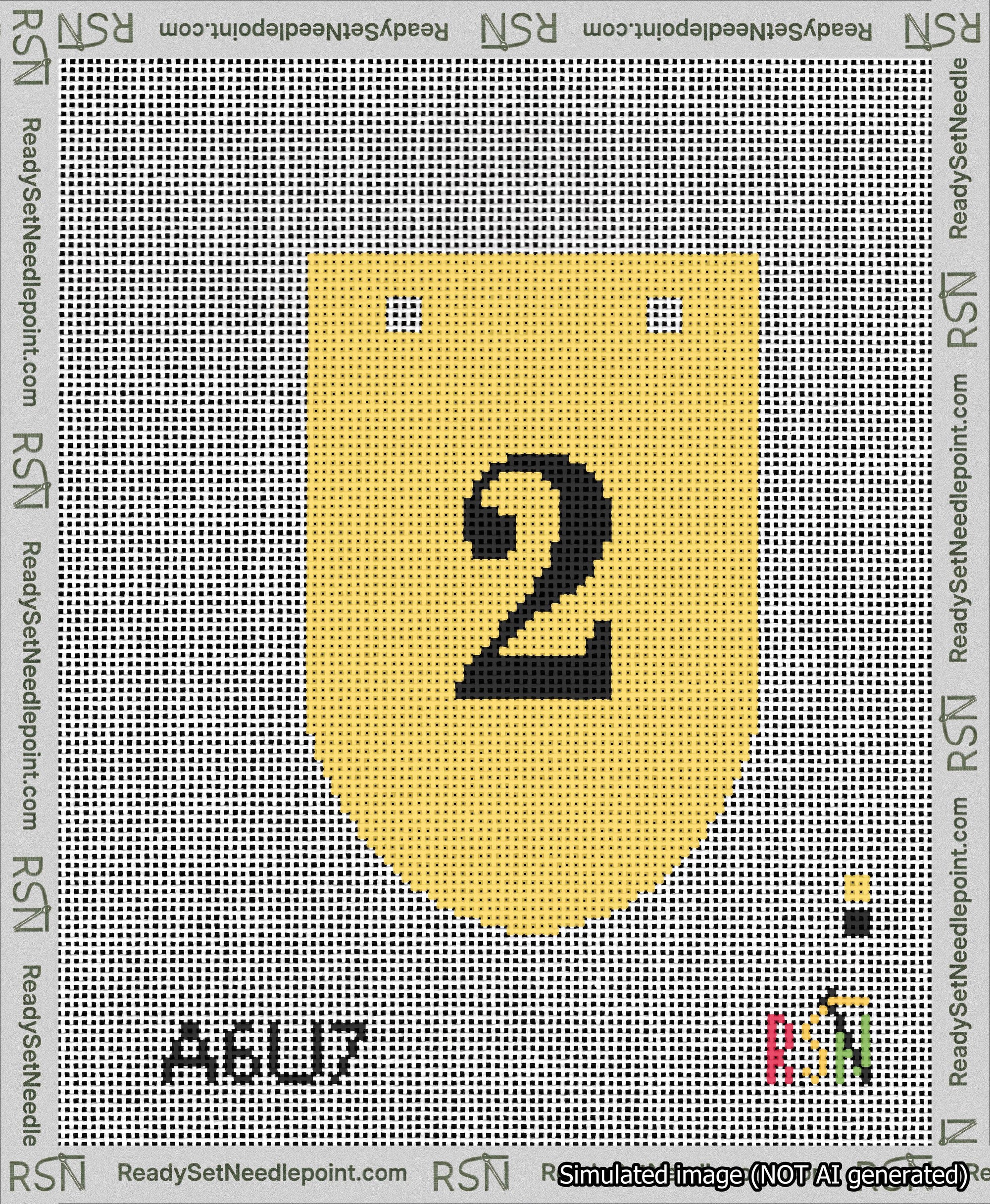 A taped needlepoint canvas with the design: Banner 13 mesh count Rounded 2 Black on Yellow.