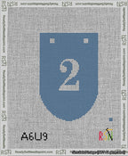 A taped needlepoint canvas with the design: Banner 13 mesh count Rounded 2 White on Blue.