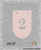 A taped needlepoint canvas with the design: Banner 13 mesh count Rounded 2 White on Pink.