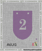 A taped needlepoint canvas with the design: Banner 13 mesh count Rounded 2 White on Purple.