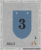 A taped needlepoint canvas with the design: Banner 13 mesh count Rounded 3 Black on Blue.