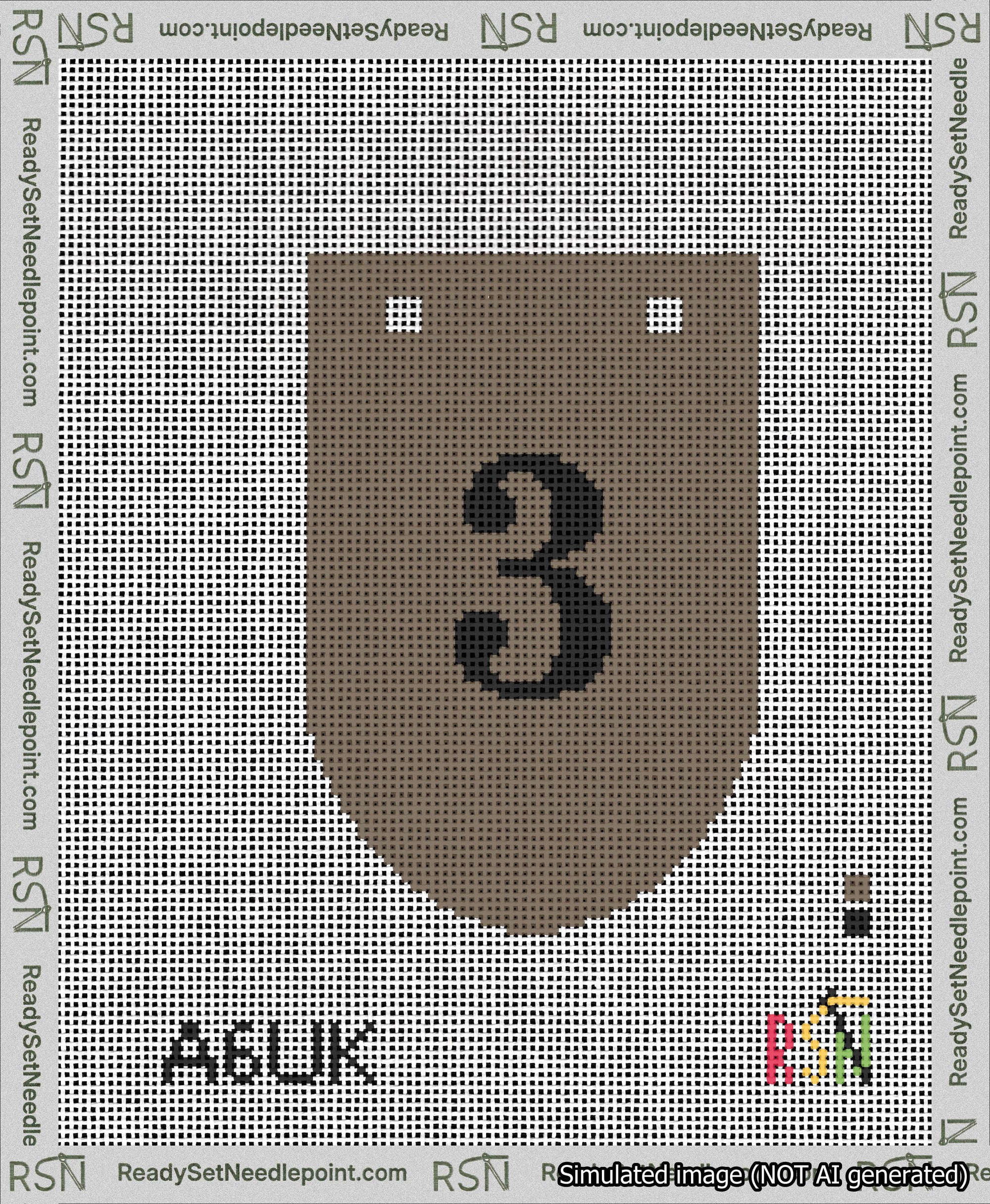A taped needlepoint canvas with the design: Banner 13 mesh count Rounded 3 Black on Brown.