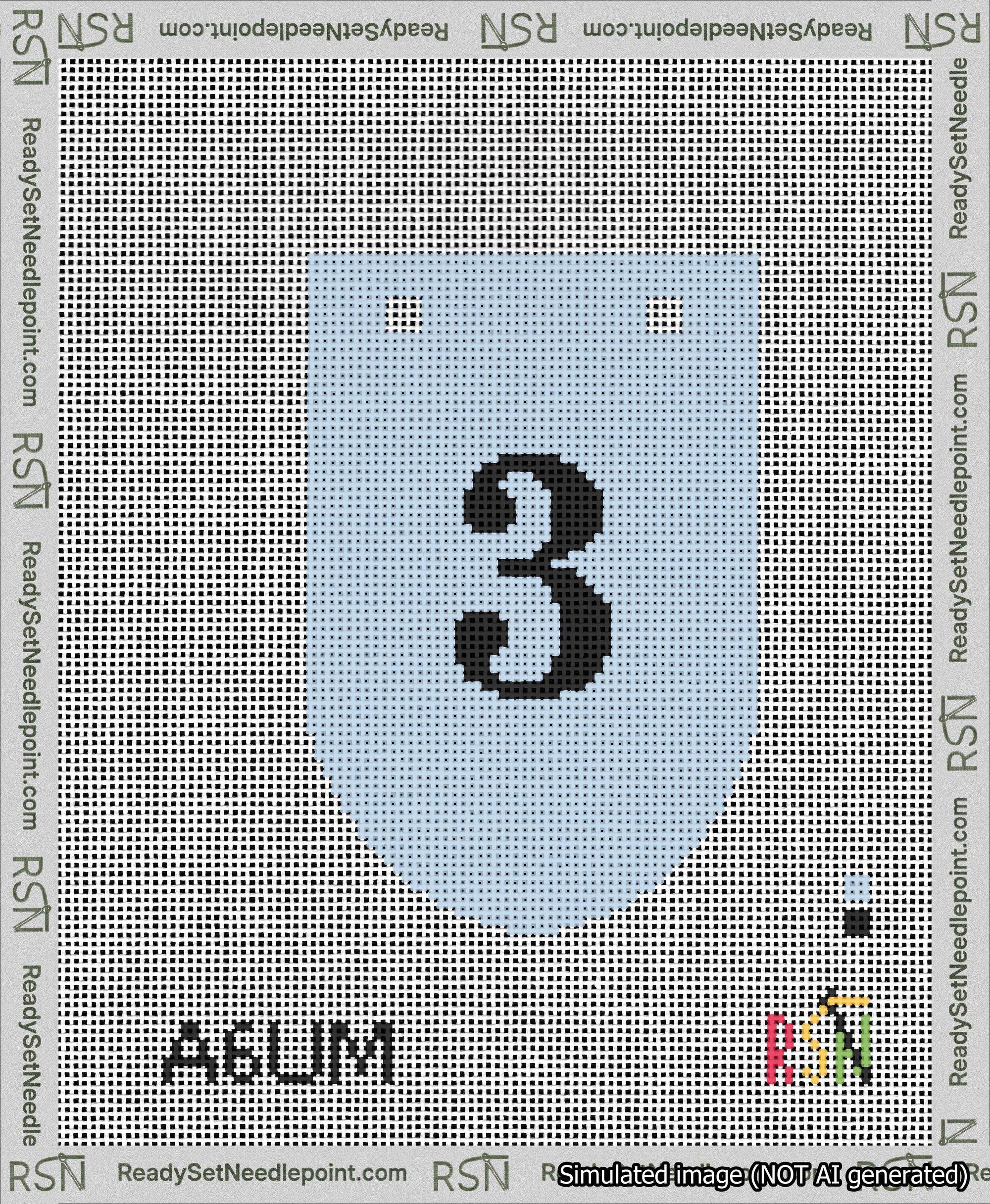 A taped needlepoint canvas with the design: Banner 13 mesh count Rounded 3 Black on Light Blue.