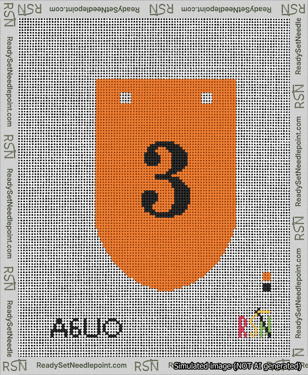 A taped needlepoint canvas with the design: Banner 13 mesh count Rounded 3 Black on Orange.