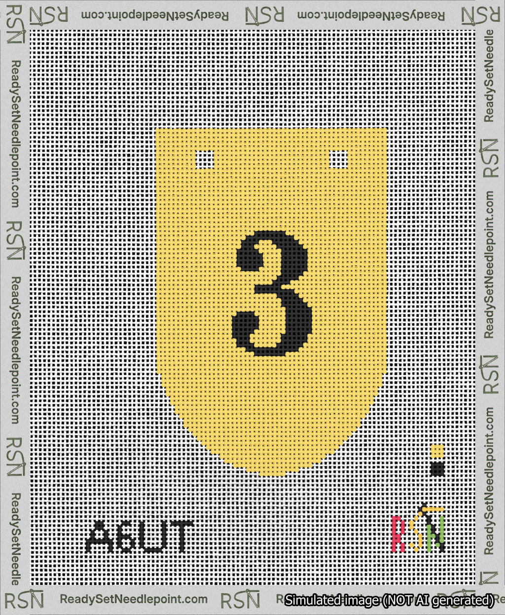 A taped needlepoint canvas with the design: Banner 13 mesh count Rounded 3 Black on Yellow.