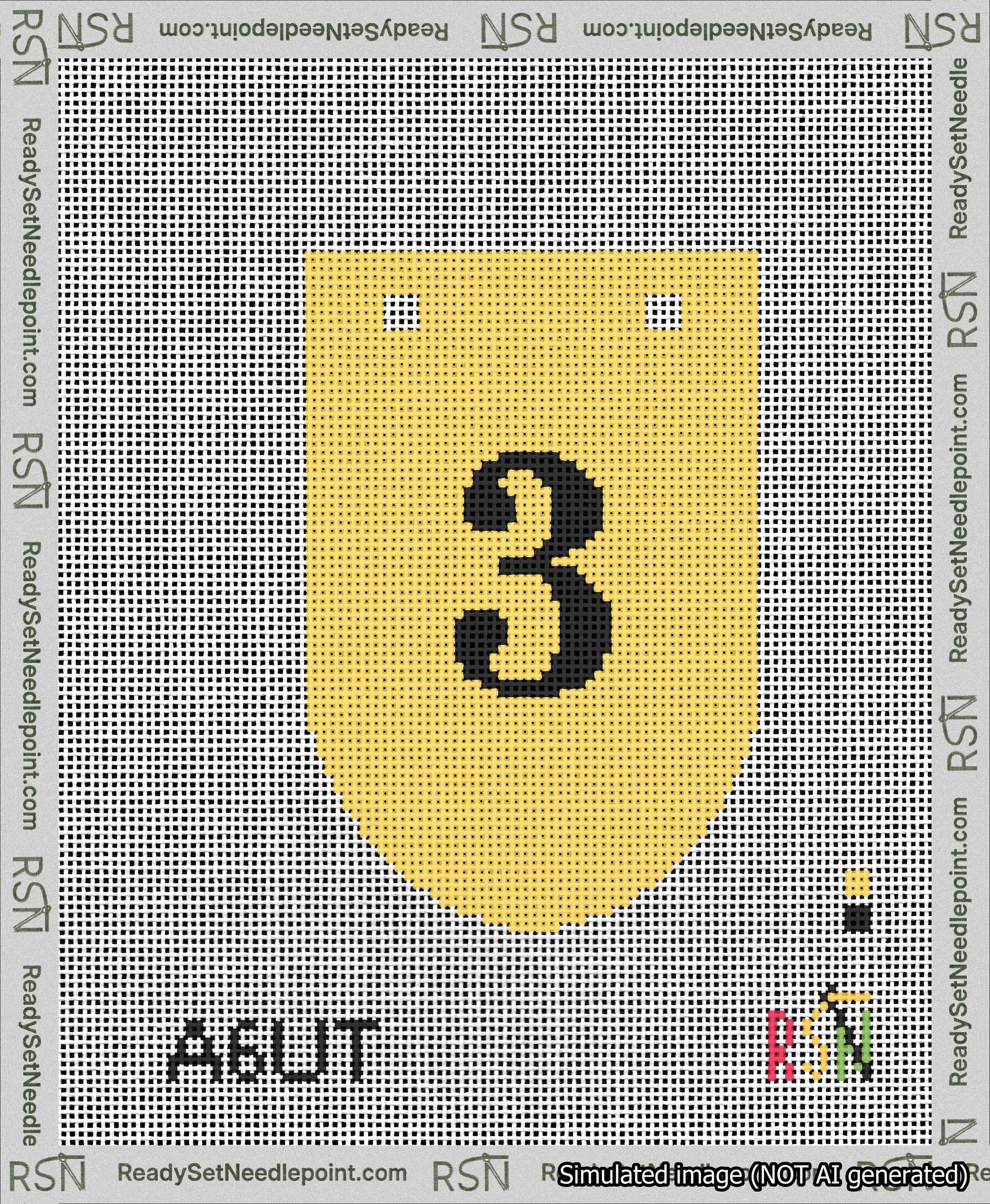 A taped needlepoint canvas with the design: Banner 13 mesh count Rounded 3 Black on Yellow.