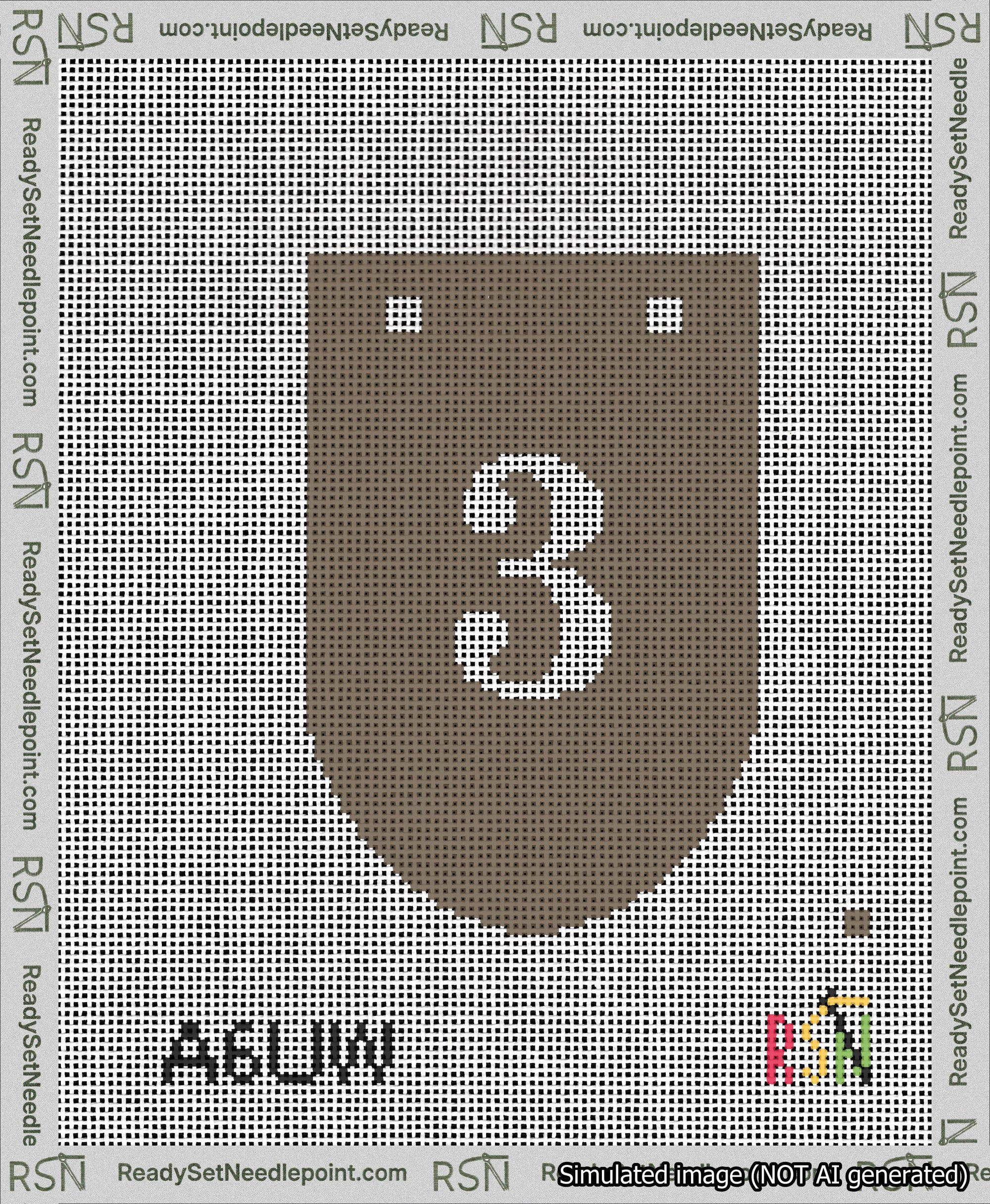A taped needlepoint canvas with the design: Banner 13 mesh count Rounded 3 White on Brown.