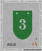 A taped needlepoint canvas with the design: Banner 13 mesh count Rounded 3 White on Green.